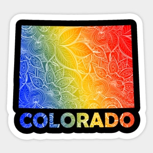 Colorful mandala art map of Colorado with text in blue, yellow, and red Sticker